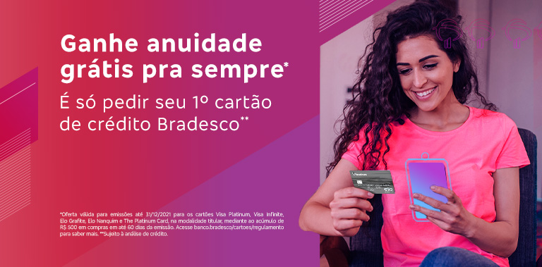 #PraTodosVerem Texto: 
                           BANK FRRIDAY BRADESCO
                           Para terminar 2021 bem, pague só ano que vem.
                           Crédito Parcelado com até 120 dias para começar a pagar.
                           Financiamento de veículos com até 90 dias para começar a pagar.
                           Sujeito a análise de e demais condições do produto. Oferta válida de 01/11/2021 a 30/11/2021.
                           Imagem: A imagem tem tons de azul e rosa e é formada por duas meninas, uma com um celular na mão e a outra está de óculos com a mão na boca. O logo do Bradesco sobrepõe elas com o texto principal. Ao lado aparece o texto que descreve as ofertas e suas condições.